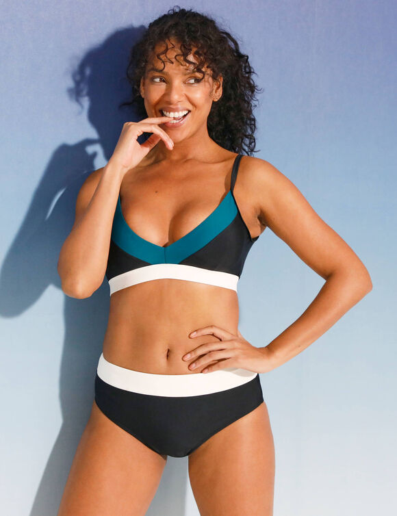 Haut de maillot de bain colorblock - coques fixes (noir / émeraude)