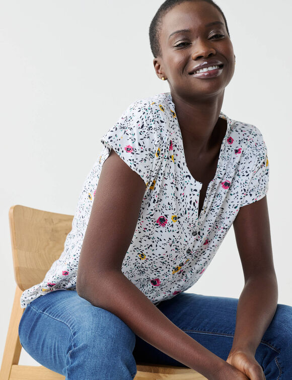 T-shirt col tunisien manches courtes, imprimé (blanc)