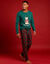 Pyjama pantalon homme, esprit No&euml;l en coton flanelle, avec son pochon (rouge / vert)