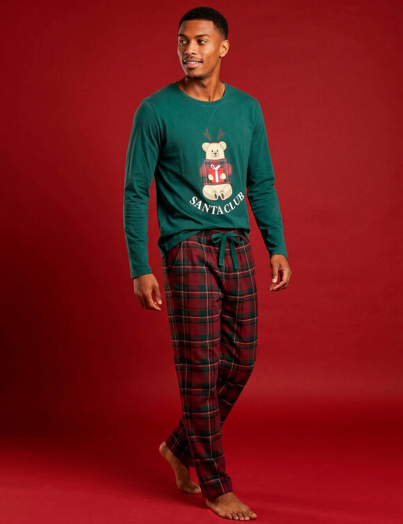 Pyjama pantalon homme, esprit No&euml;l en coton flanelle, avec son pochon (rouge / vert)