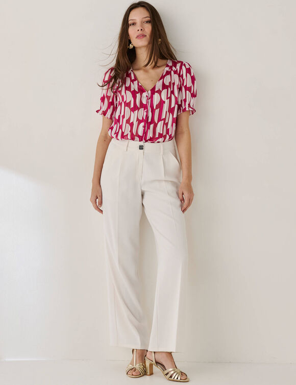 Chemisier manches blousantes imprim&eacute; bicolore, voile jacquard (&eacute;cru / framboise)