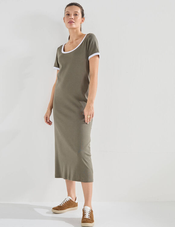 Robe longue bicolore, manches courtes (kaki / blanc)