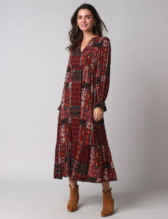 Robe longue boh&egrave;me imprim&eacute; patchwork, en cr&eacute;pon  (zwart / paprika)