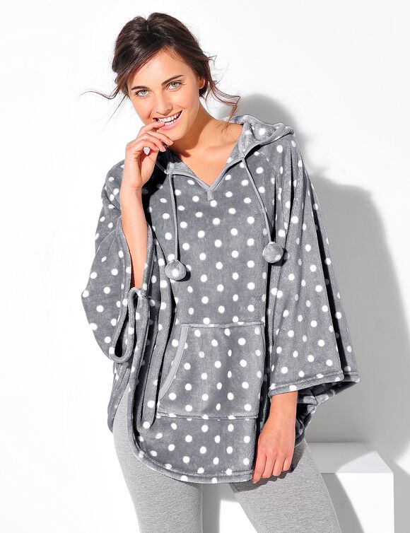 Poncho in fleece met pluchetouch en kap (grijs/bolletjesprint)