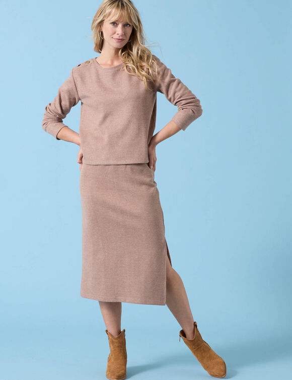 T-shirt Spécial Petites uni, détails boutons sur l'épaule, maille grattée (noisette chiné)