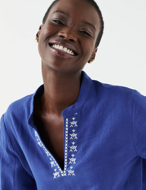 Geborduurde tuniek, Tunesische hals (felblauw / ecru)