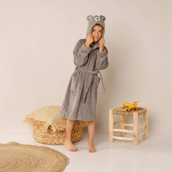 Vermommingsbadjas voor kinderen, beertjesmotief en kap, personaliseerbaar (taupe)