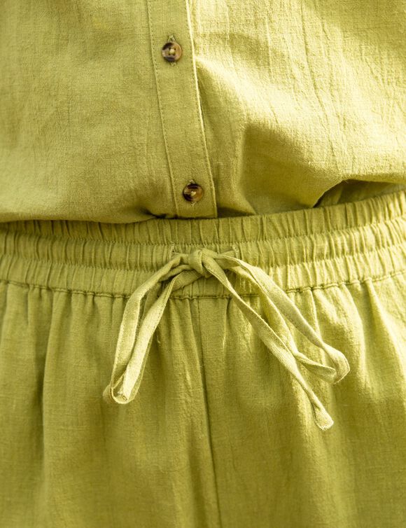 Pantacourt large, coton lin, taille élastiquée (vert mousse)