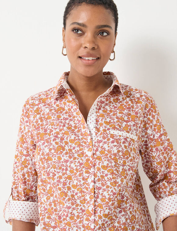 Chemisier boutonné imprimé fleuri (blanc / caramel)