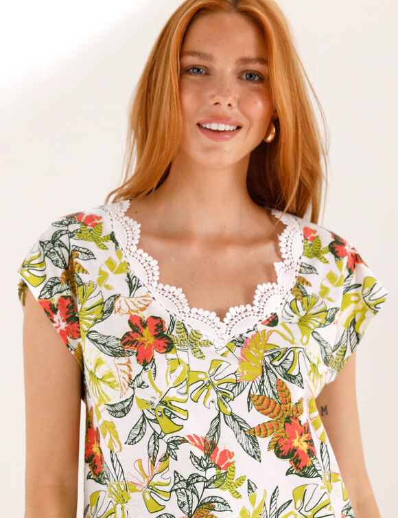 T-shirt imprim&eacute;, col V macram&eacute; (blanc / anis)