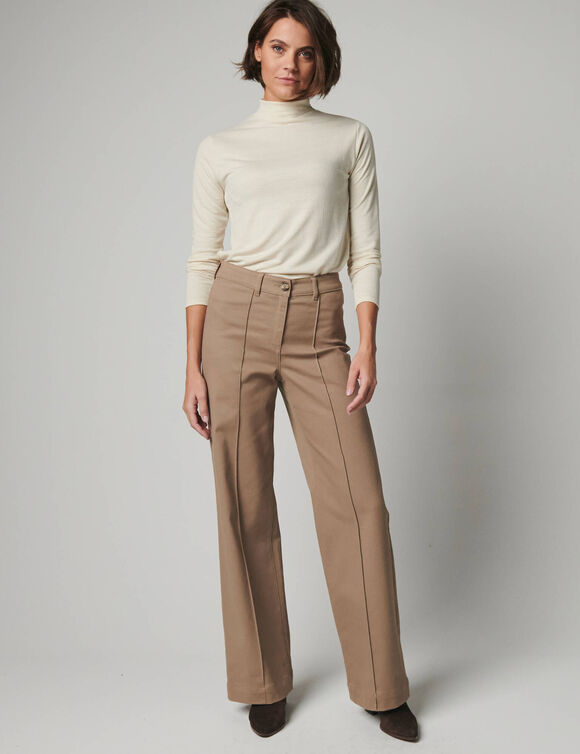 Pantalon large d&eacute;tails plis piqu&eacute;s, petite stature (beige)