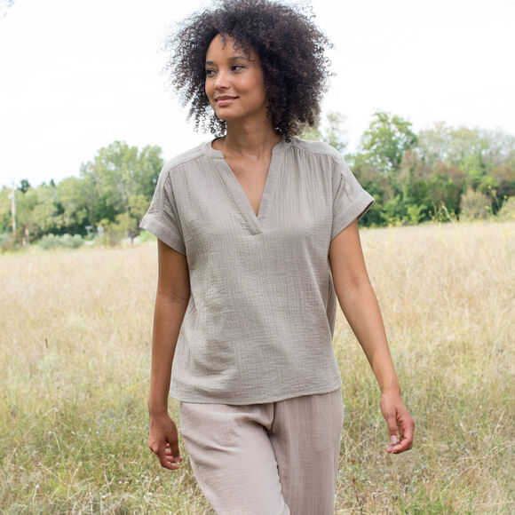 Blouse col tunisien unie en double gaze de coton  (taupe clair)