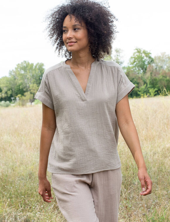 Blouse col tunisien unie en double gaze de coton  (taupe clair)