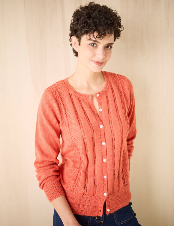 Gilet boutonné col rond, maille fantaisie (paprika)
