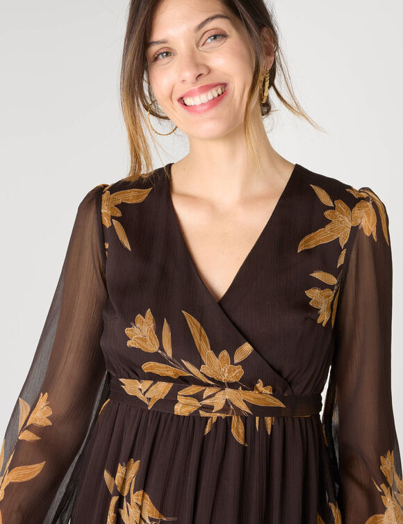 Robe longue volant, voile imprimé (chocolat / caramel)