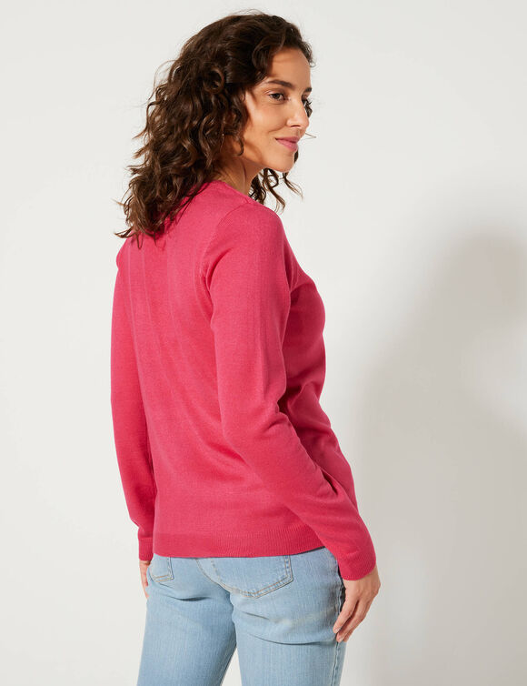 Cardigan boutonné col rond uni, toucher doux (rose fuchsia)