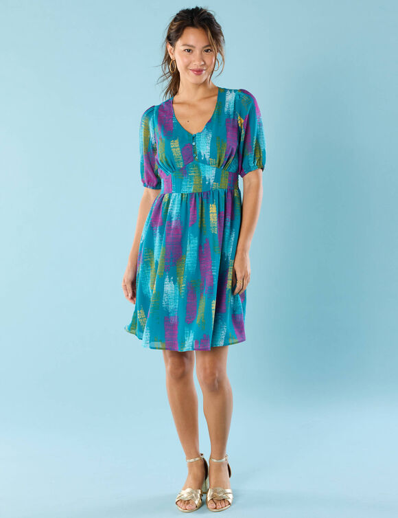 Robe courte Spécial Petites, voile imprimé (vert canard / miel)