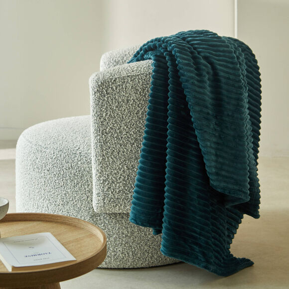 Plaid effet côtelé toucher peluche (bleu paon)