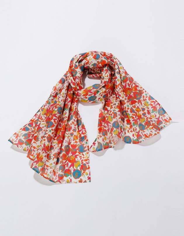Foulard style chèche fabriqué en France imprimé printanier, 160 x 70 cm - coton (écru / corail)