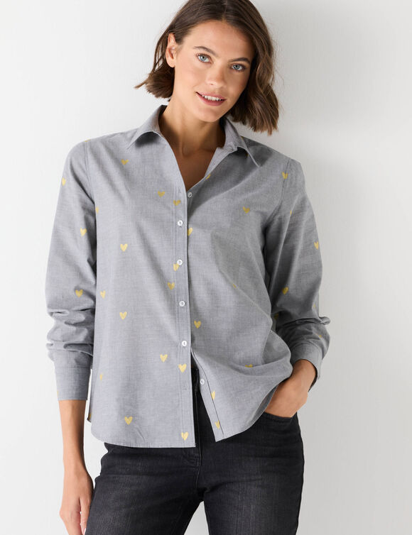 Bloes in chambray met knoopsluiting en hartjesprint (grijs / goudkleurig)