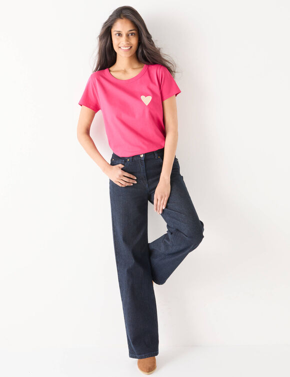 T-shirt uni brodé coeur manches courtes (rose)