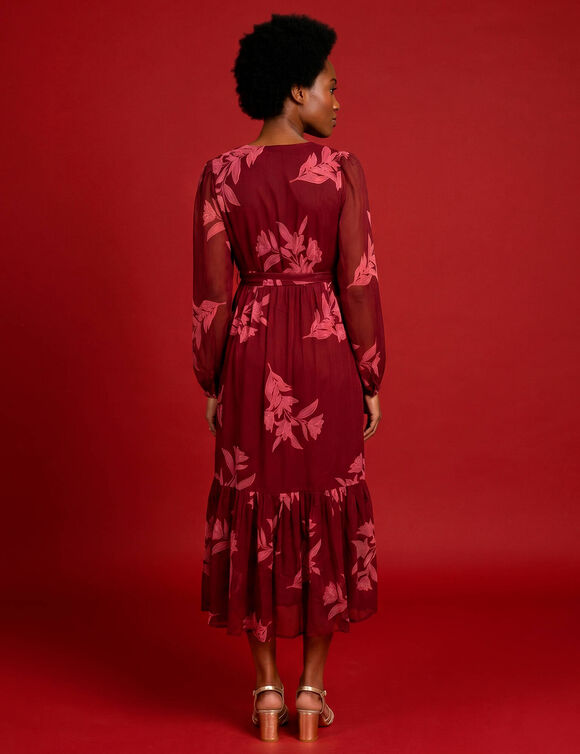 Robe longue volant, voile imprim&eacute; (bordeaux / rouge)