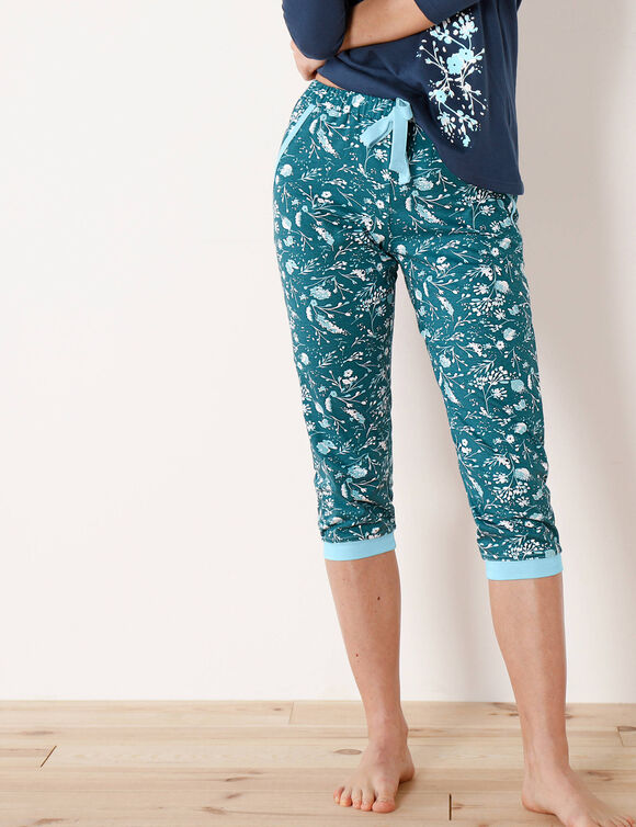 7/8-pyjamabroek - smaragdgroen met bloemenprint (smaragd)
