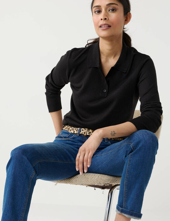 Pull col polo boutonn&eacute;, toucher doux (noir)