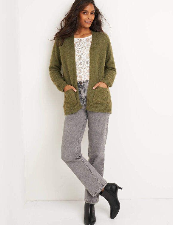 Gilet long, maille poilue (kaki)