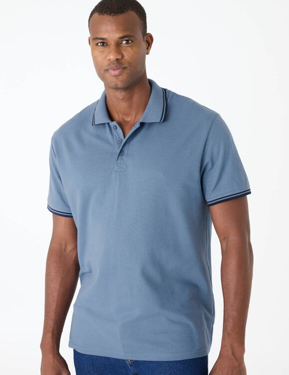 Polo uni maille piqu&eacute;e manches courtes (bleu jean)