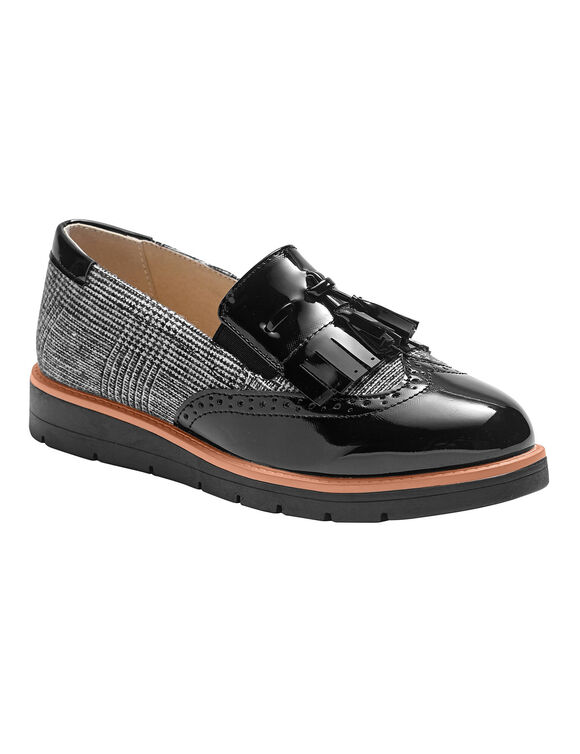 Slip-ons met sleehak, franjes en pompons - geruit/grijs (zwart / grijs)