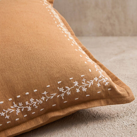 Coussin encadrement brod&eacute; Folk (caramel / naturel)