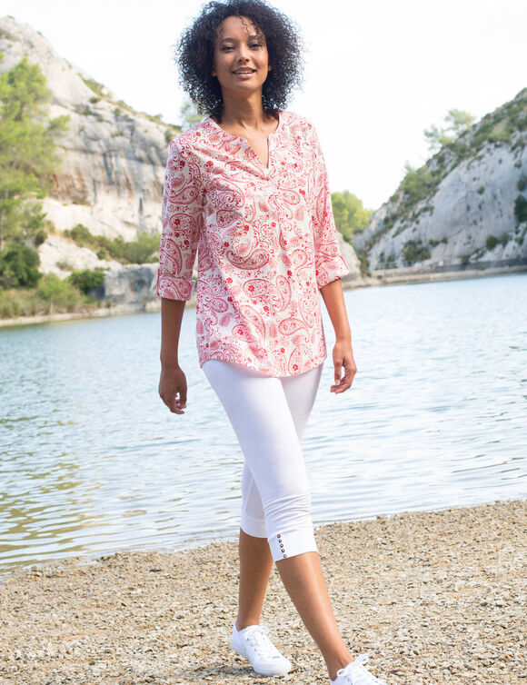 Tunique imprim&eacute; cachemire, manches retroussables (blanc / rouge)