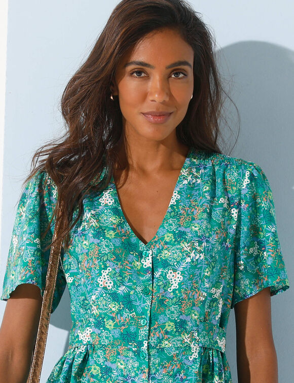 Robe boutonnée manches "papillon" imprimée (vert / bleu)