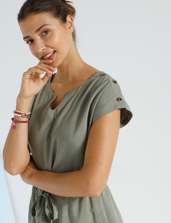 Robe boutonnée épaules, viscose unie (kaki)