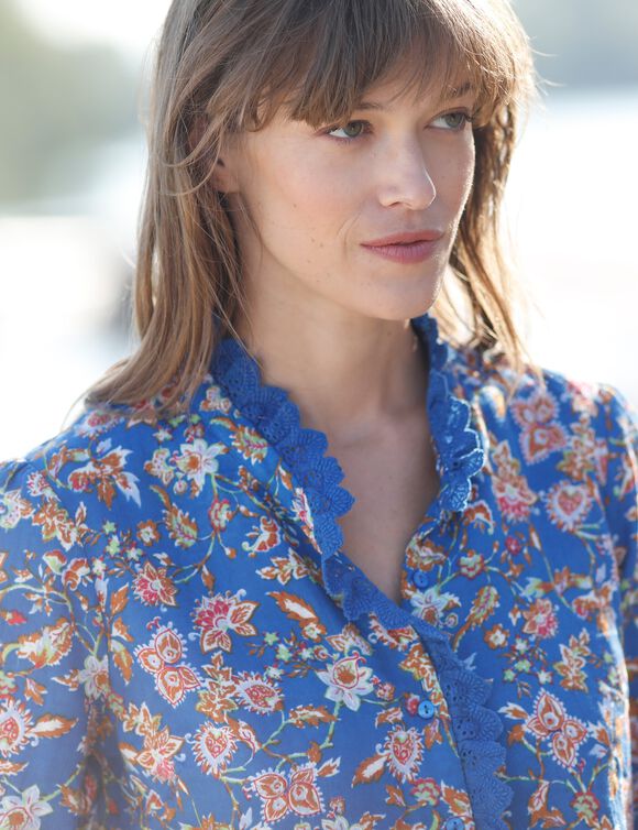 Blouse boutonnée imprimée, gaze de coton (bleu / caramel)