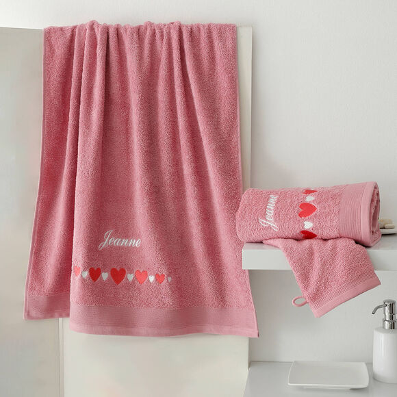 Serviettes de bain brod&eacute;es c&oelig;urs, personnalisable (vieux rose)