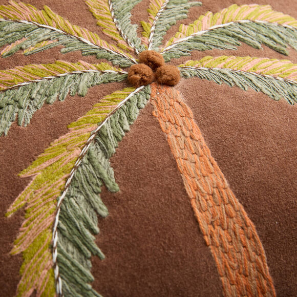 Coussin carr&eacute; velours brod&eacute; "palmier" (marron)