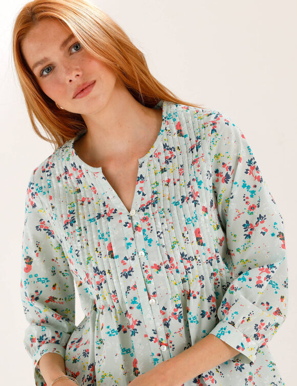 Tunique boutonn&eacute;e &agrave; plis imprim&eacute; fleuri (c&eacute;ladon)
