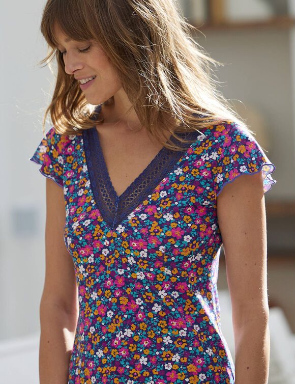 Nuisette volantée maille fluide imprimée et dentelle (marine / fuchsia)