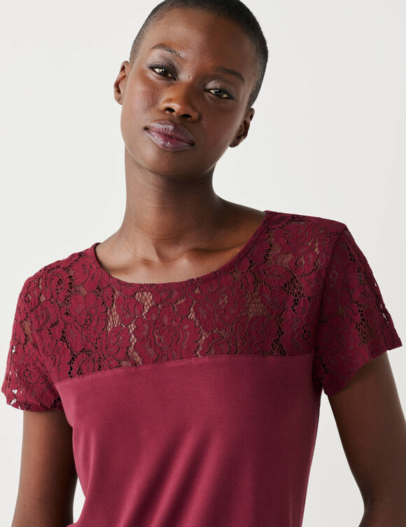 T-shirt met korte mouwen en kant (bordeaux)