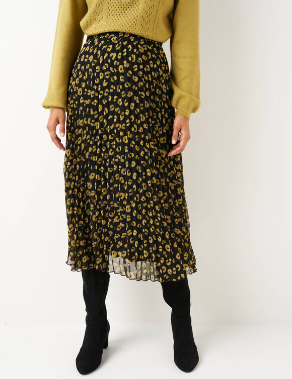 Jupe longue plissée, voile imprimé léopard (noir / olive)