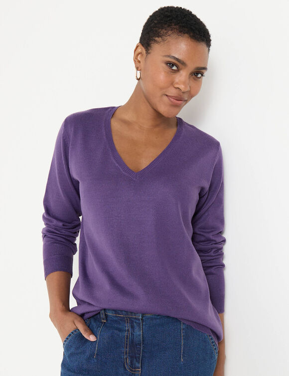 Pull col V, toucher doux (aubergine)