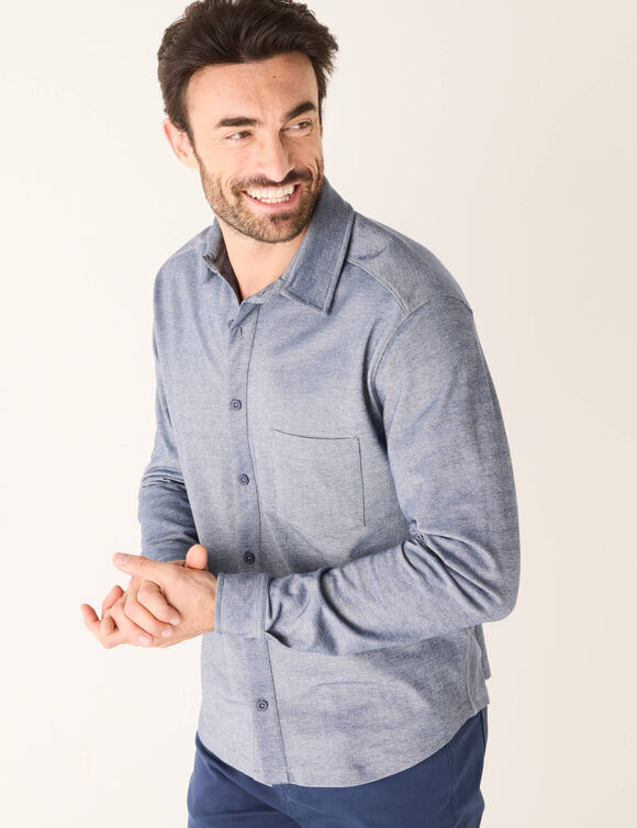 Chemise maille piquée manches longues (bleu mouliné)