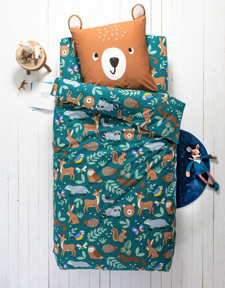 Bedlinnen voor kinderen met knuffelbeer motief in biologisch katoen, eco-verantwoord, groen Bedlinnen voor kinderen met knuffelbeer motief in biologisch katoen, eco-verantwoord, groen, hi-res image number 0