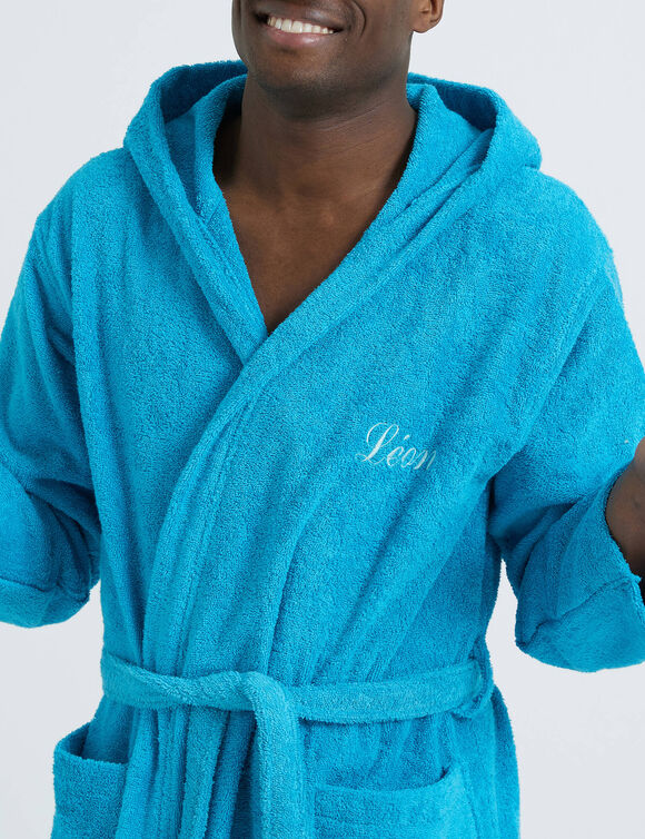 Gepersonaliseerde badjas met capuchon voor volwassenen (unisex) - lusjesbadstof 380 g/m&sup2; (turkoois)