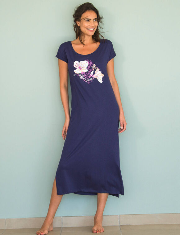 Chemise de nuit longue manches courtes – Lot de 2 (marine + parme)