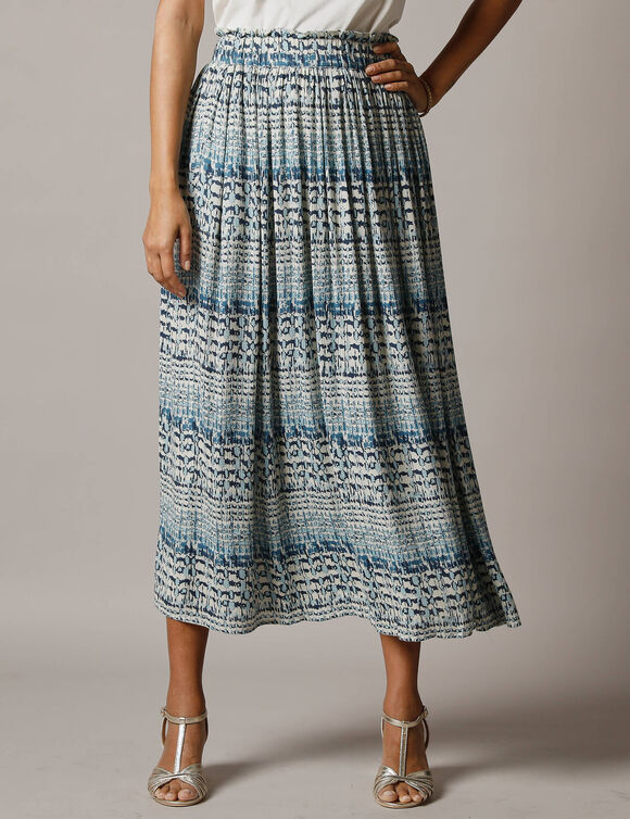 Jupe imprim&eacute;e en cr&eacute;pon, taille &eacute;lastiqu&eacute;e  (bleu / &eacute;cru)