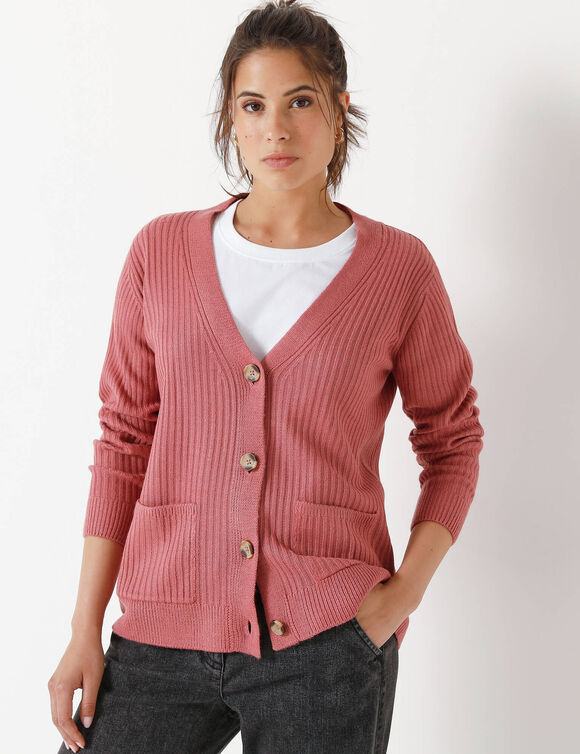 Gilet col V, maille côtelée (terracotta)