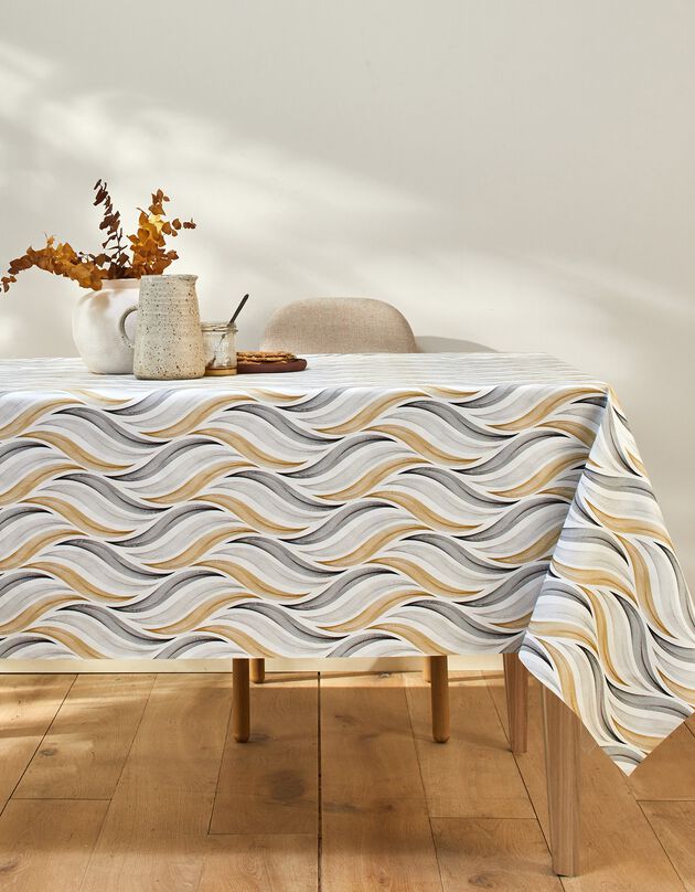 Tafellaken in toile cirée met golvenprint (wit / grijs)